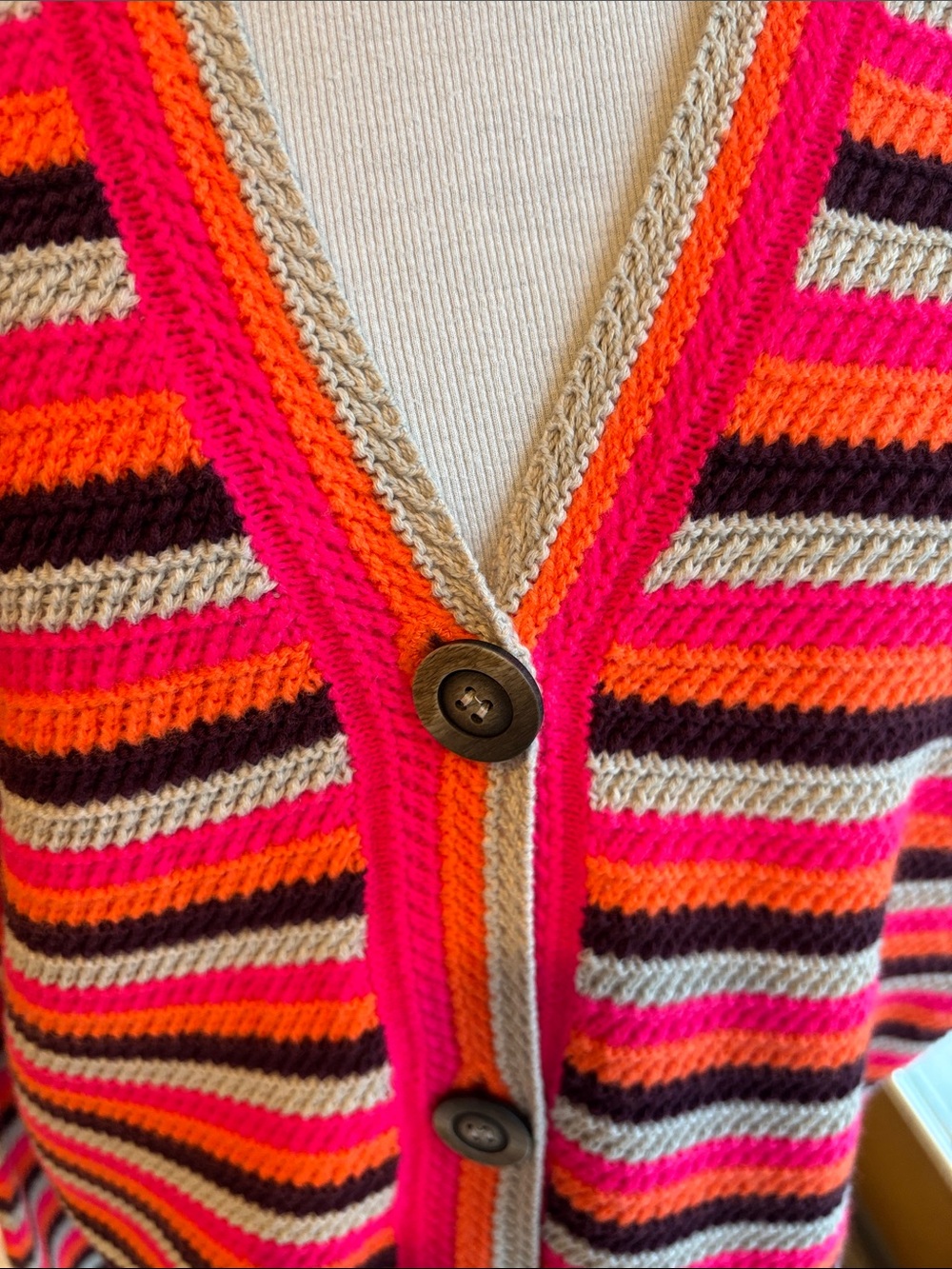 Lisa Todd Striped V-Neck Cardigan in Pink, Orange & Brown - Picture 2 of 3